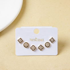 Floral Geometry Gold Stud Earrings Set Of 3