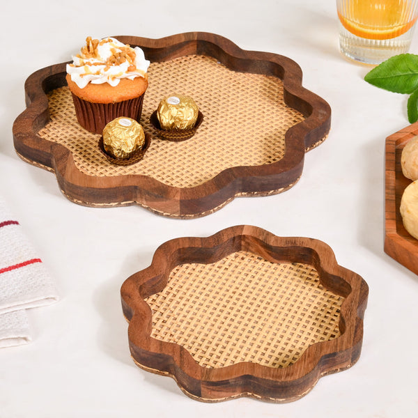 Flower Acacia Wooden Platter With Rattan Weave Set Of 2