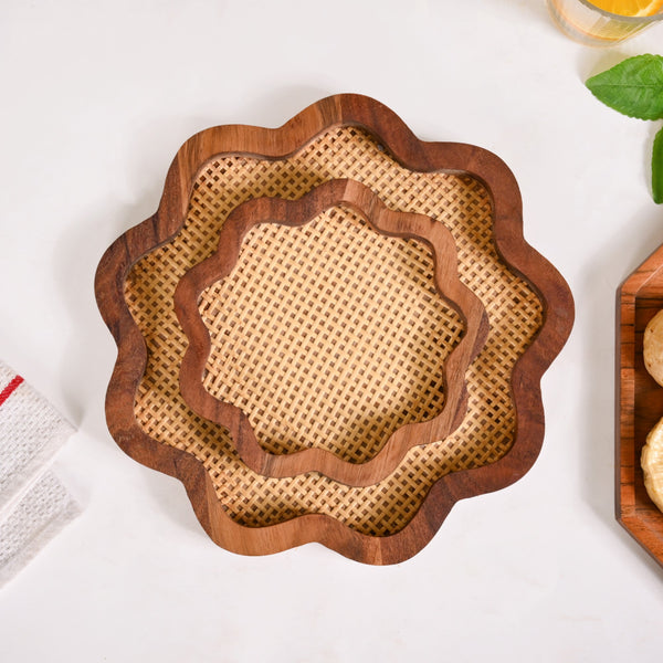 Flower Acacia Wooden Platter With Rattan Weave Set Of 2