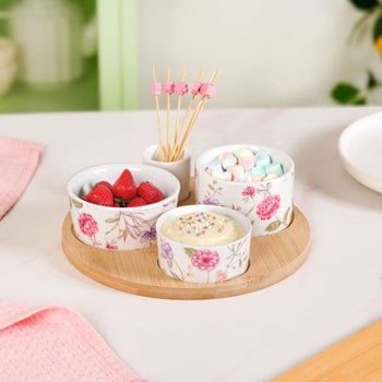 Floral Print Bowls With Tray And Toothpick Holder Set Of 6
