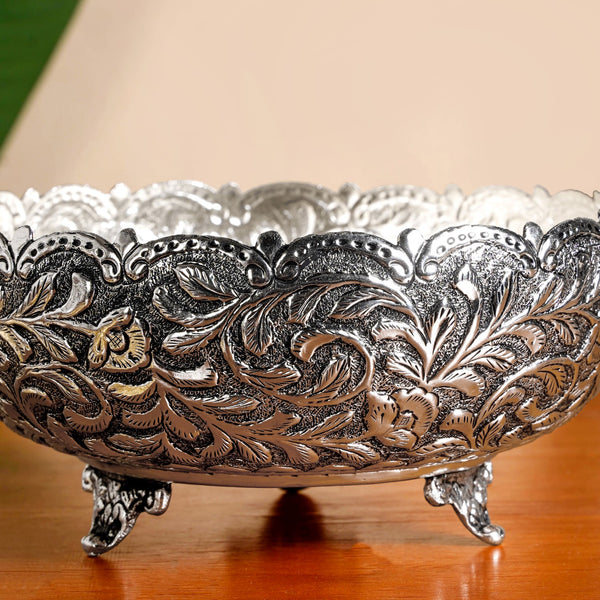 Floral Pure Brass Urli With Silver Polish 17cm