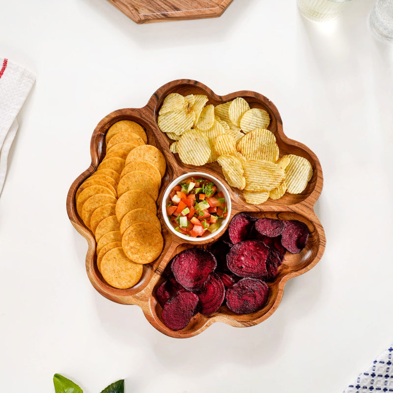 Cosmos 3 Section Snack Platter With Dip Bowl - Compartment plate, snack platter, wooden snack platter, serving platter, charcuterie platter