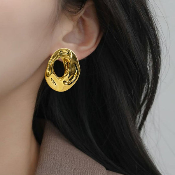 Fluid Hollow Oval Gold Statement Earrings