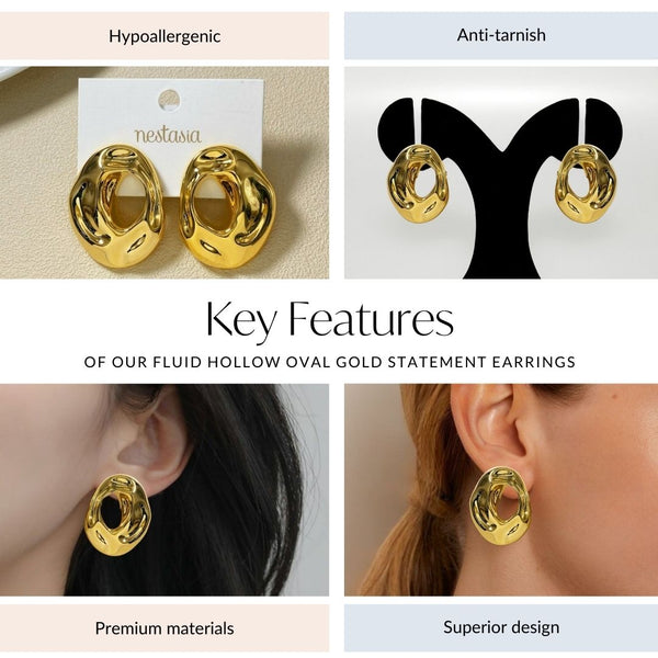 Fluid Hollow Oval Gold Statement Earrings