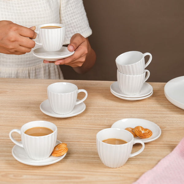 Fluted Ceramic Small Tea Cup And Saucer Set Of 6 100ml