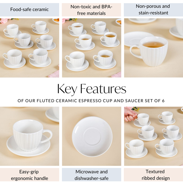 Fluted Ceramic Small Tea Cup And Saucer Set Of 6 100ml