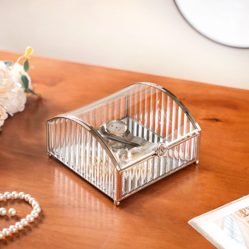 Glass Jewellery Box With Silver Frame - Silver Vanity Storage Box, Vintage Silver Makeup Box, Decorative Vanity Box, Silver Storage Box