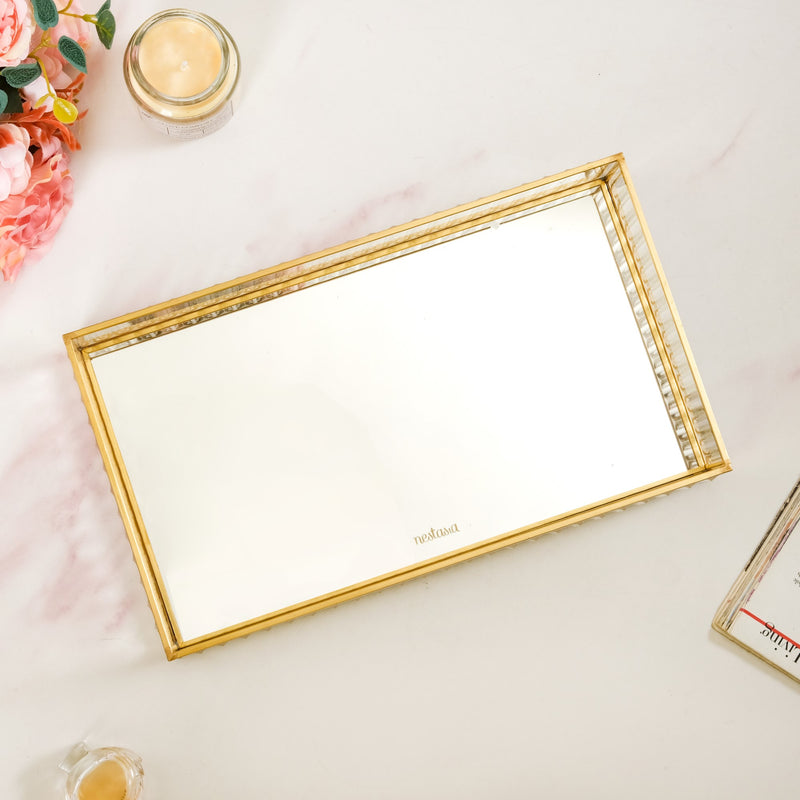 Fluted Mirror Glass Vanity Tray Large - Fluted Mirrored Glass Tray, Large Vanity Tray, Decorative Mirrored Tray