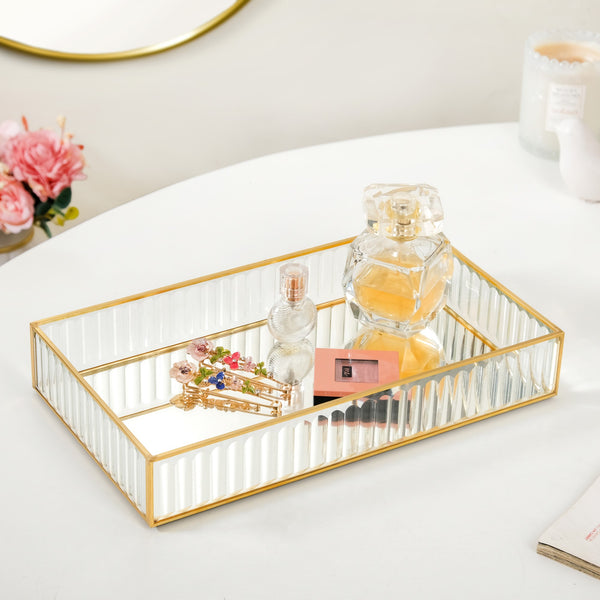 Fluted Mirror Glass Vanity Tray Large