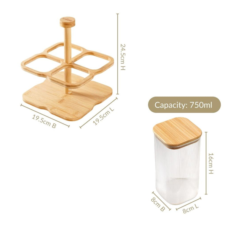 Fluted Storage Airtight Jar With Rotating Stand Set Of 5 750ml