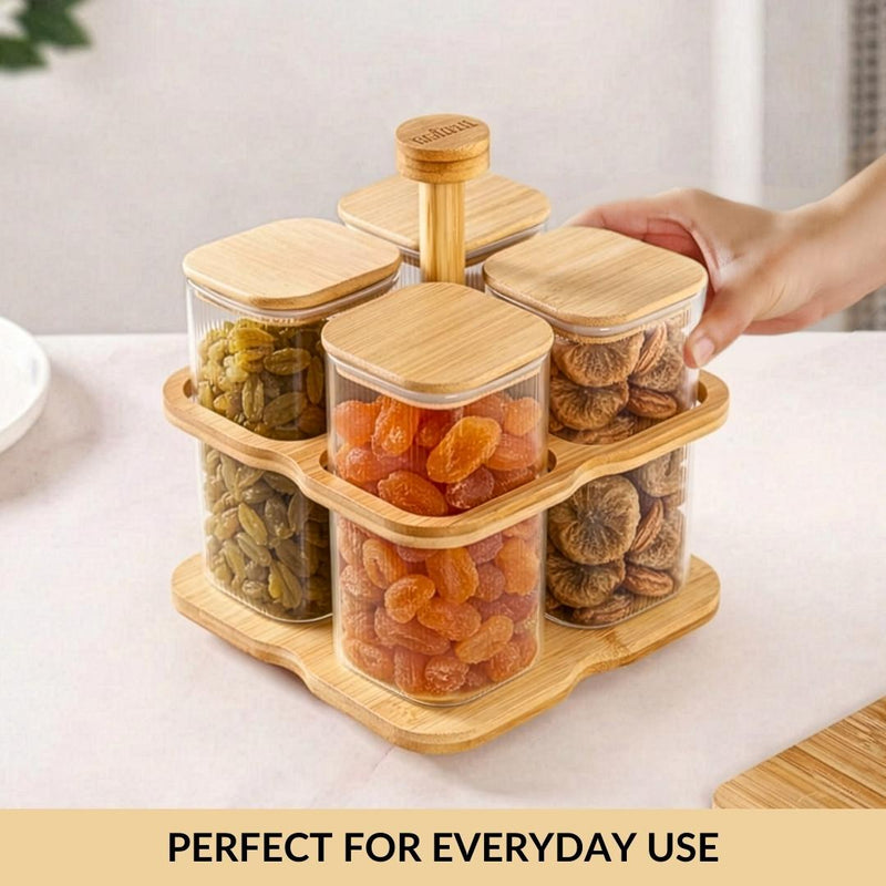 Fluted Storage Airtight Jar With Rotating Stand Set Of 5 750ml