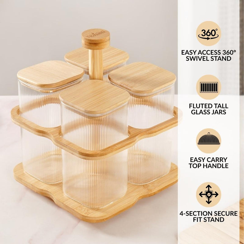 Fluted Storage Airtight Jar With Rotating Stand Set Of 5 750ml