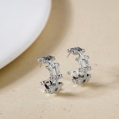 Foil Grid Silver Huggie Earrings