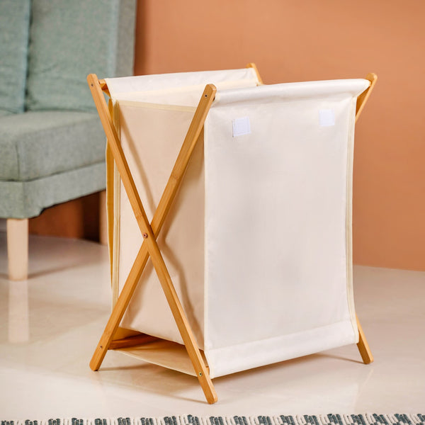 Foldable Bamboo Laundry Basket Off White