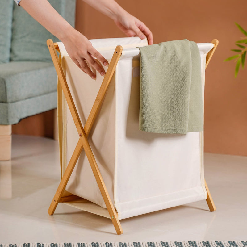 Foldable Bamboo Laundry Basket Beige