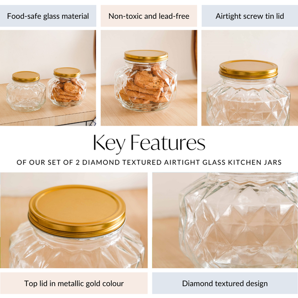 Diamond Airtight Glass Kitchen Jar Set Of 2 For Cookies Snacks 1800ml