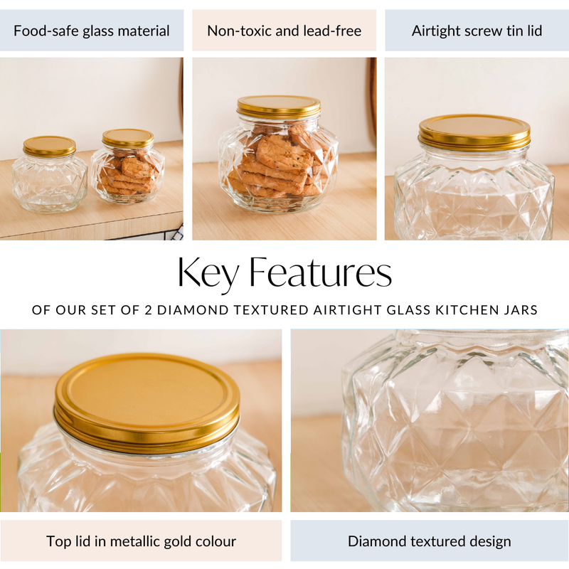 Diamond Textured Airtight Glass Kitchen Jar Set Of 2 1800ml