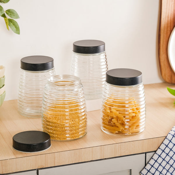 Glass Kitchen Jars With Lid Set Of 4 Rings Design 1400ml