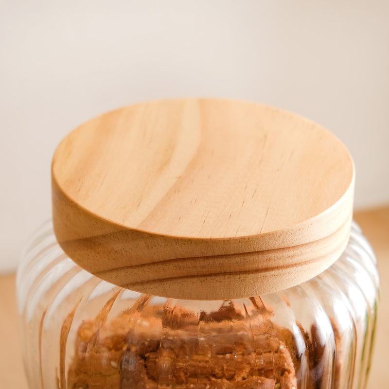 Set Of 2 Ribbed Glass Storage Jars With Wooden Lid 2200ml