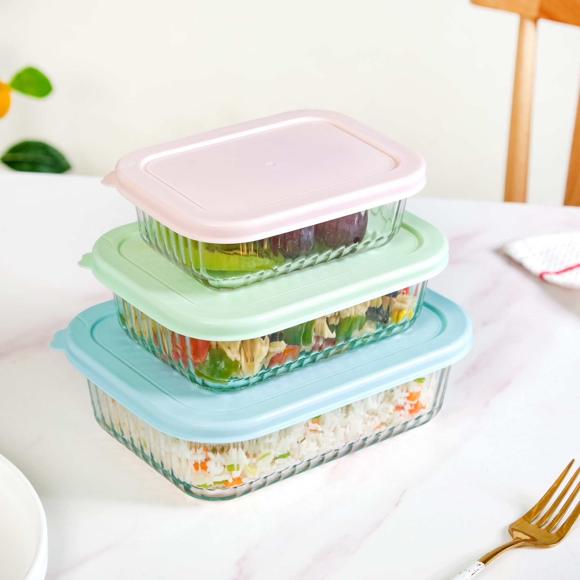 Set Of 3 Ribbed Glass Food Container With Lid S 370ml M 600ml L 1000ml