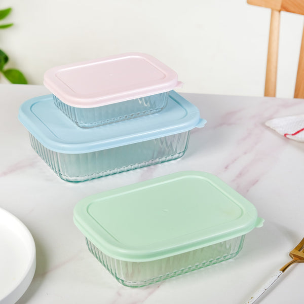 Set Of 3 Ribbed Glass Food Container With Lid