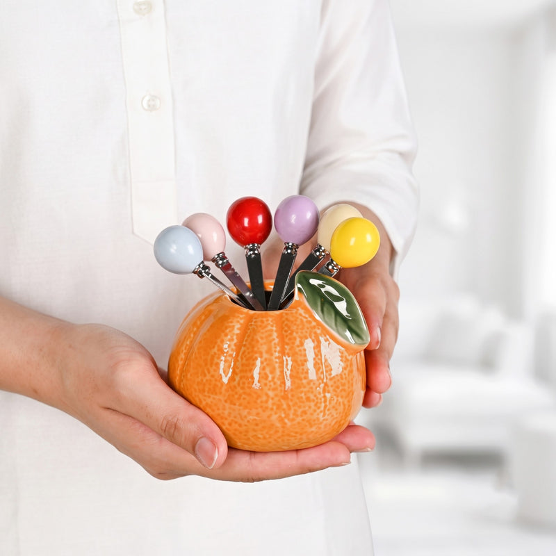 Orange Fruit Fork Set With Ceramic Holder Set Of 7