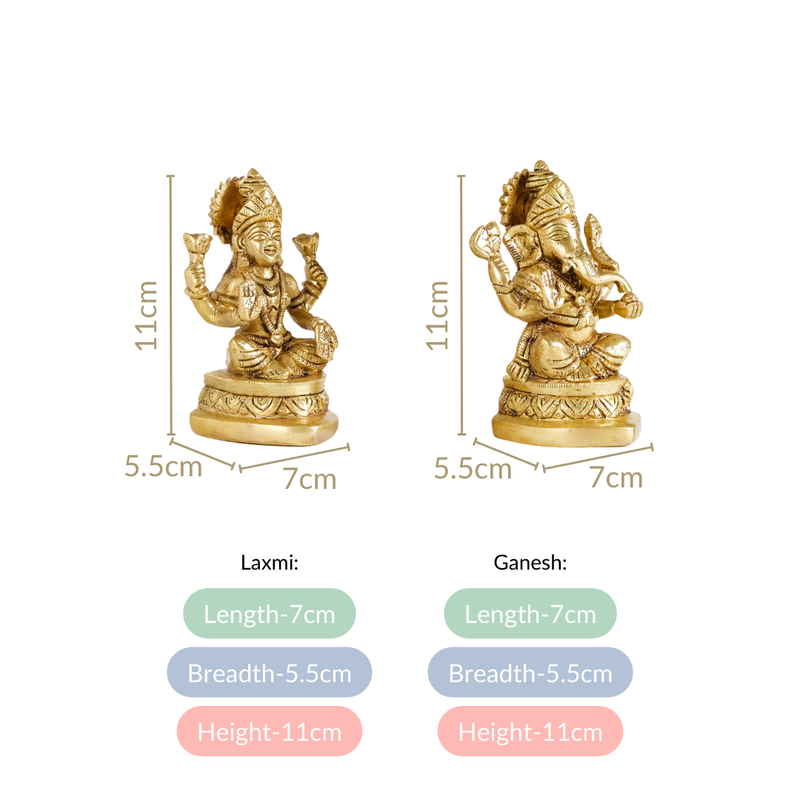 Ganesh Laxmi Pure Brass Statue Set Of 2 11cm - Laxmi and Ganesh Brass Statue, Pure Brass Laxmi Ganesh Idols, Decorative Laxmi Ganesh Home Decor