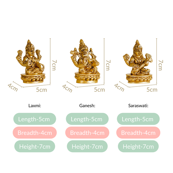 Ganesh Laxmi Saraswati Brass Puja Idol Set Of 3 7cm