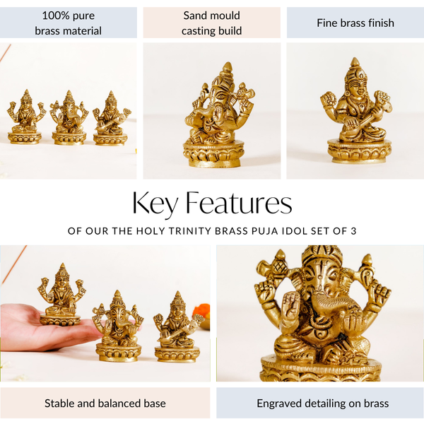 Ganesh Laxmi Saraswati Brass Puja Idol Set Of 3 7cm