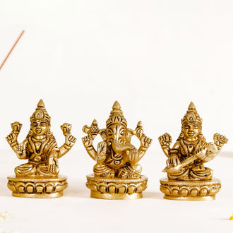 Ganesh Laxmi Saraswati Brass Puja Idol Set Of 3 7cm - Holy Trinity Brass Idol, Puja Idol Set, Brass Puja Set, Brass Idols, Sacred Brass Decor