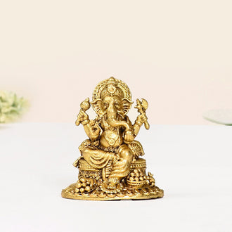 Ganpati Statue With Temple Jewellery Finish 5cm - Ganpati Statue, 5cm Ganpati Idol, Decorative Ganesh Statue, Brass Ganpati with Jewelry