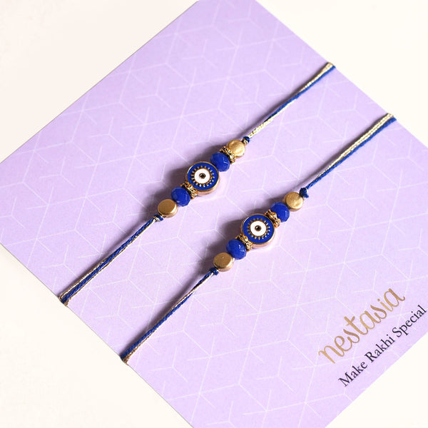 Gold Blue Protective Amulet Rakhi Gift Set Of 4 With Box And Card