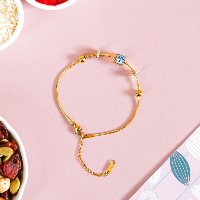 Evil Eye Golden Chain Bracelet Rakhi Hamper Set Of 3 With Gift Box And Card