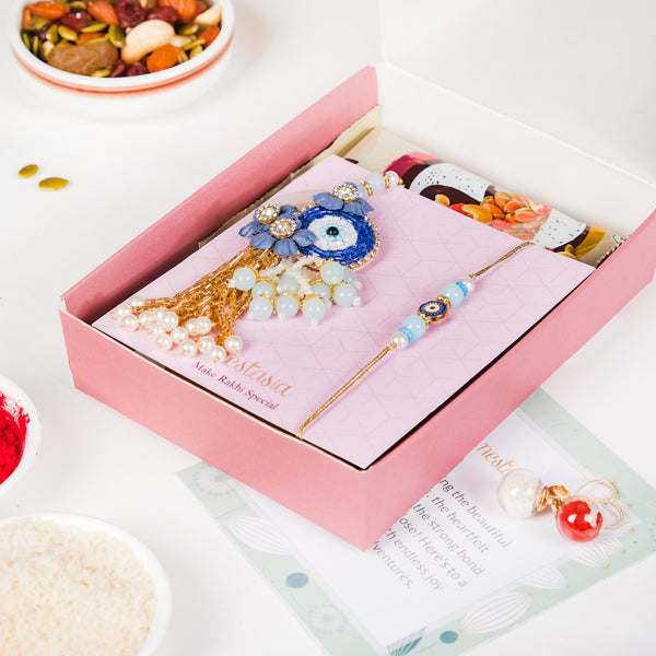 Bugle Bead Evil Eye Rakhi Lumba Hamper Set Of 4 With Gift Box And Card