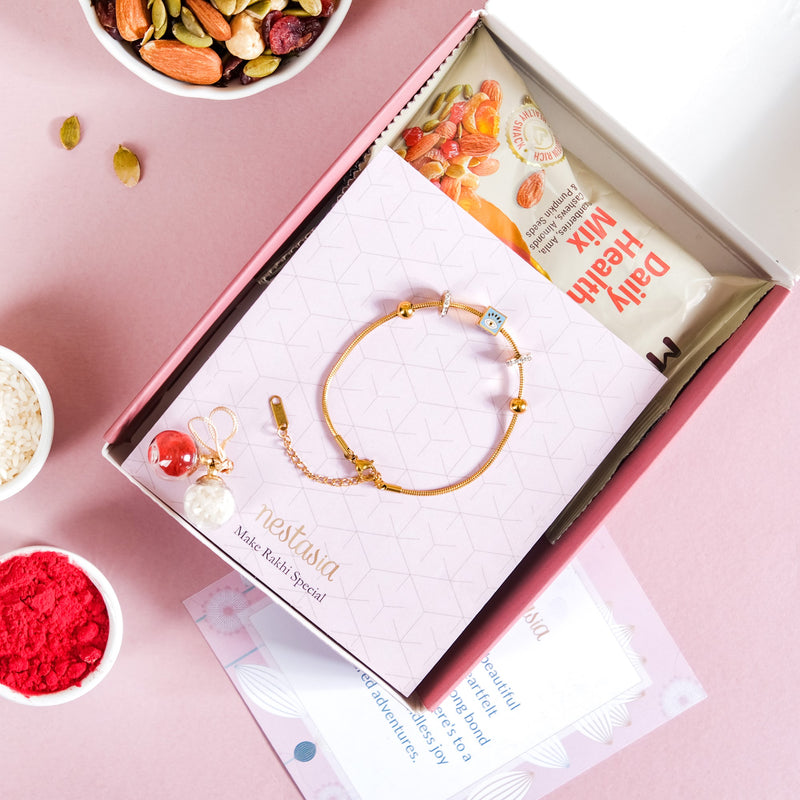 Evil Eye Golden Chain Bracelet Rakhi Hamper Set Of 3 With Gift Box And Card