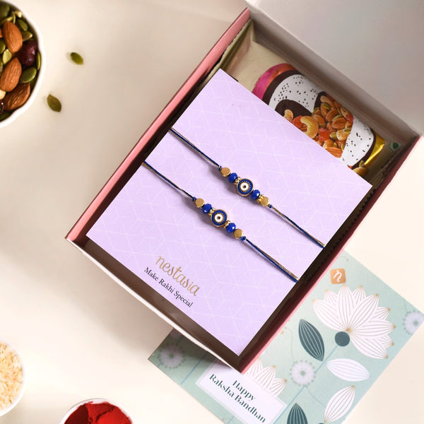 Gold Blue Protective Amulet Rakhi Gift Set Of 4 With Box And Card