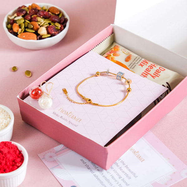 Evil Eye Golden Chain Bracelet Rakhi Hamper Set Of 3 With Gift Box And Card