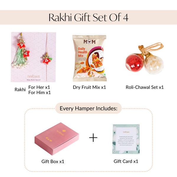 Flora Couple Rakhi Set Of 4 With Dry Fruits Gift Box Card