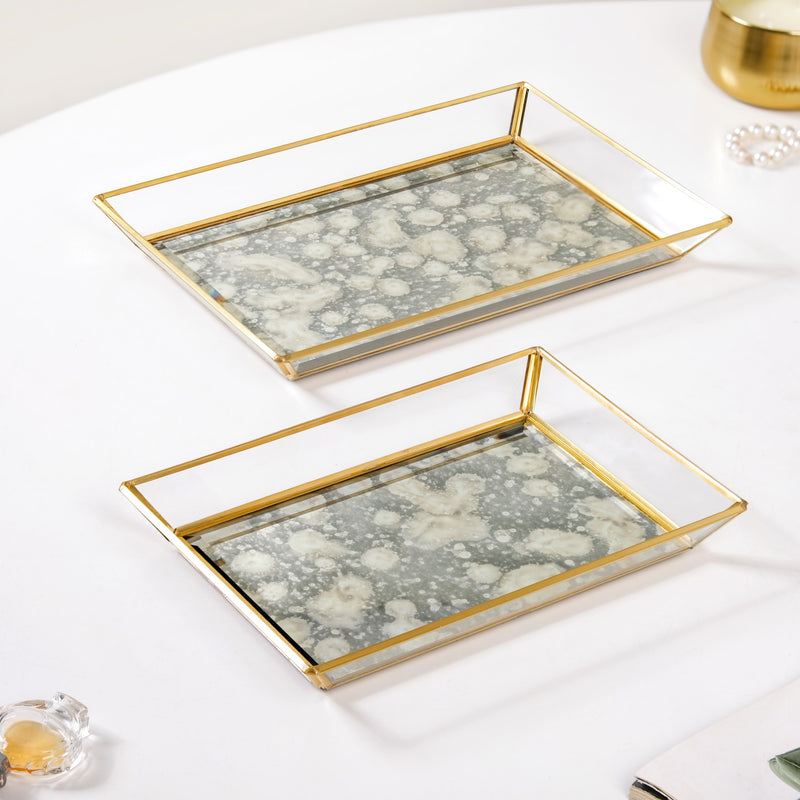Abstract Design Printed Glass Vanity Tray Set Of 2- Decorative tray, glass tray, trinket tray, gold tray, mirror tray, coffee table tray