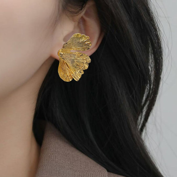 Folded Ginkgo Leaf Statement Earrings Gold