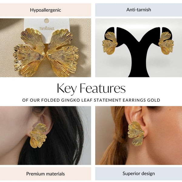 Folded Ginkgo Leaf Statement Earrings Gold