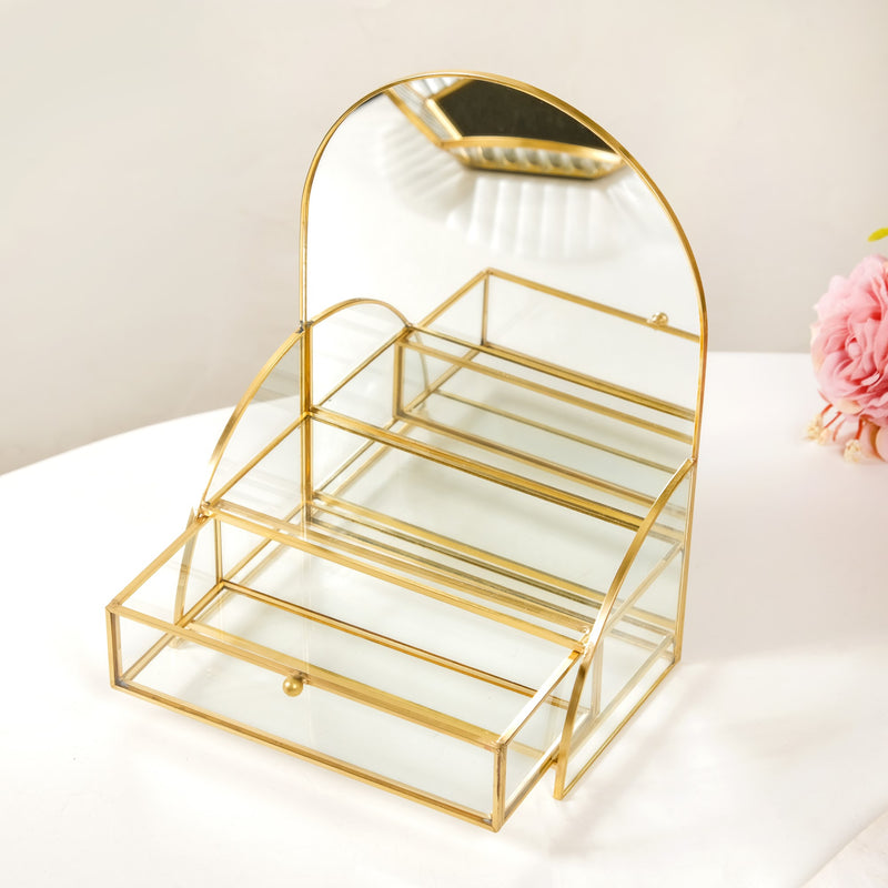 Dressing Table Mirror With Jewellery Box Drawer - Vanity table with mirror, makeup dressing table, luxury mirrored jewelry box, glass storage box