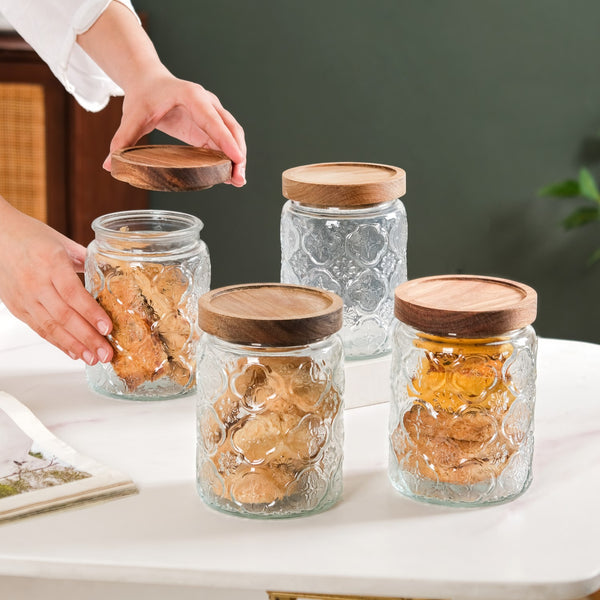 Vintage Patterned Glass Jar With Lid Set Of 4 700ml