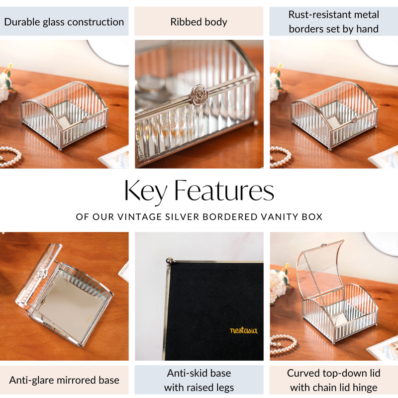 Glass Jewellery Box With Silver Frame - Silver Vanity Storage Box, Vintage Silver Makeup Box, Decorative Vanity Box, Silver Storage Box