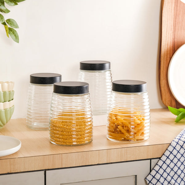 Glass Kitchen Jars With Lid Set Of 4 Rings Design 1400ml