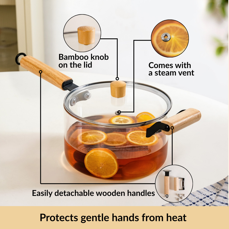 Glass Saucepan With Wooden Handle And Lid 3200ml