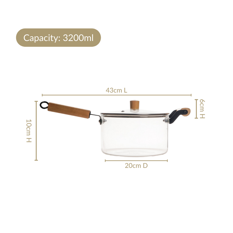 Glass Saucepan With Wooden Handle And Lid 3200ml