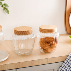 Set Of 2 Ribbed Glass Storage Jars With Wooden Lid 2200ml