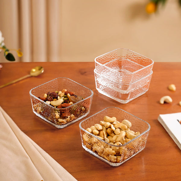 Set Of 4 Glass Bowls Square Textured 300ml