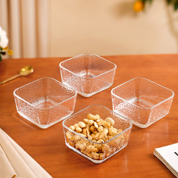 Set Of 4 Glass Bowls Square Textured 300ml